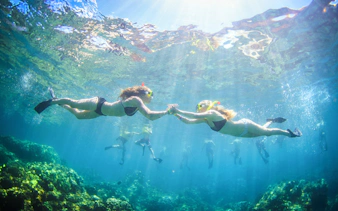Snorkelers exploring coral reefs during luxury sail tour in Maui, Hawaii.