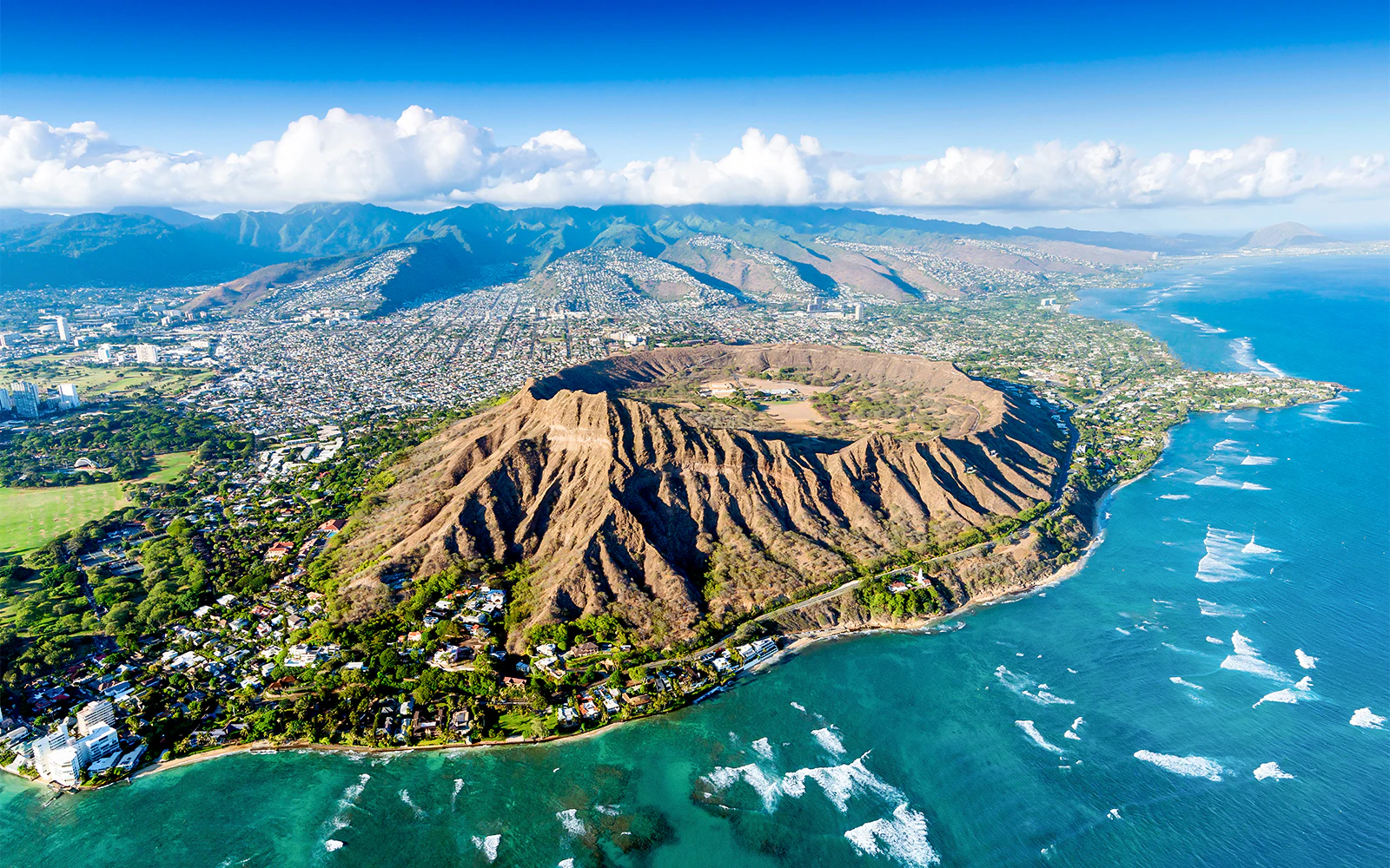 Aerial view of Grand Circle, Diamond Head Crater, Honolulu, Oahu, Hawaii, USA