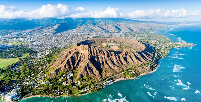 Aerial view of Diamond Head Crater and coastline, Honolulu, Oahu, Hawaii.