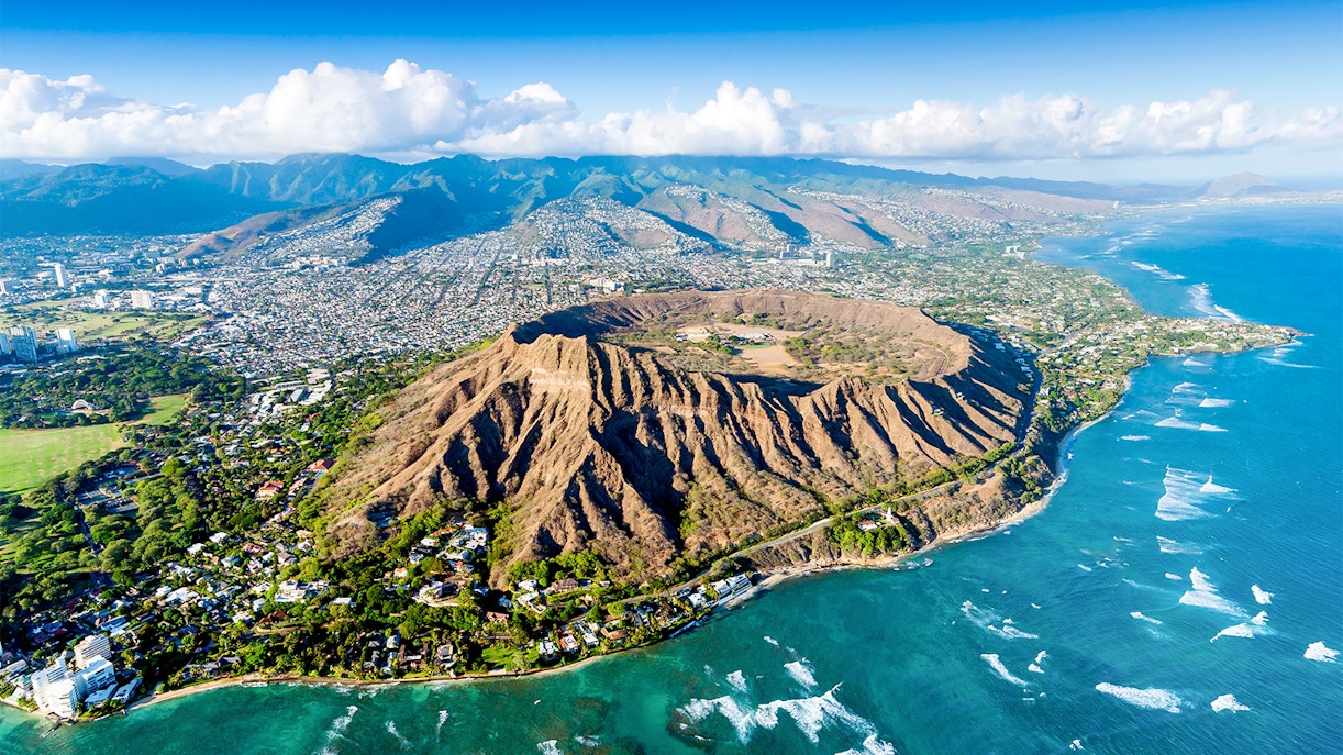 Aerial view of Diamond Head Crater and coastline, Honolulu, Oahu, Hawaii.