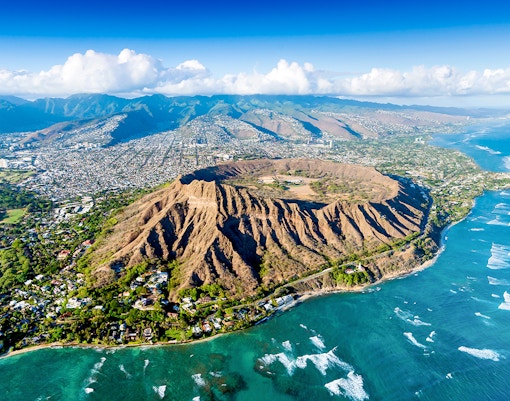 Aerial view of Diamond Head Crater and coastline, Honolulu, Oahu, Hawaii.