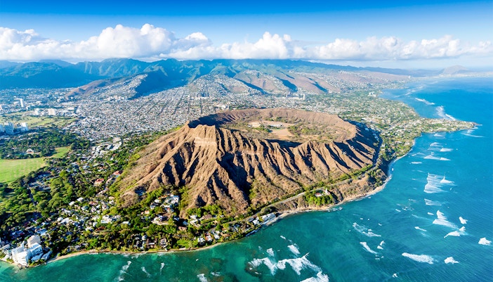 Aerial view of Diamond Head Crater and coastline, Honolulu, Oahu, Hawaii.