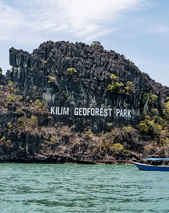 Kilim Geoforest Park limestone cliffs with boats on Langkawi Island.
