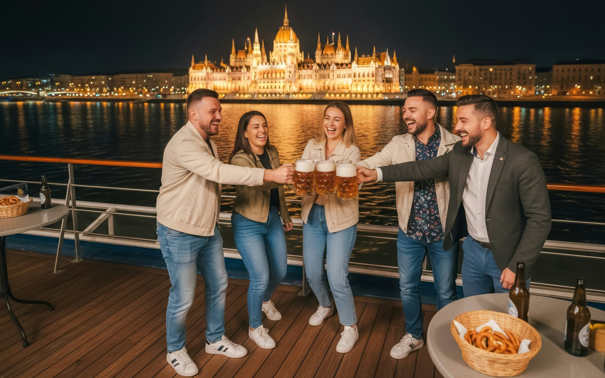 Guests toasting with beer on Budapest Danube River cruise at night, Parliament building in view.
