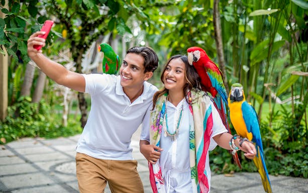 Visitors taking a selfie with colorful parrots at Bali Bird Park.