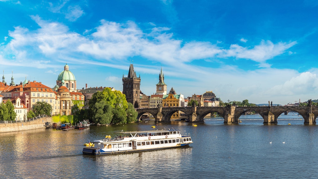 Vltava River cruise with view of Charles Bridge in Prague.