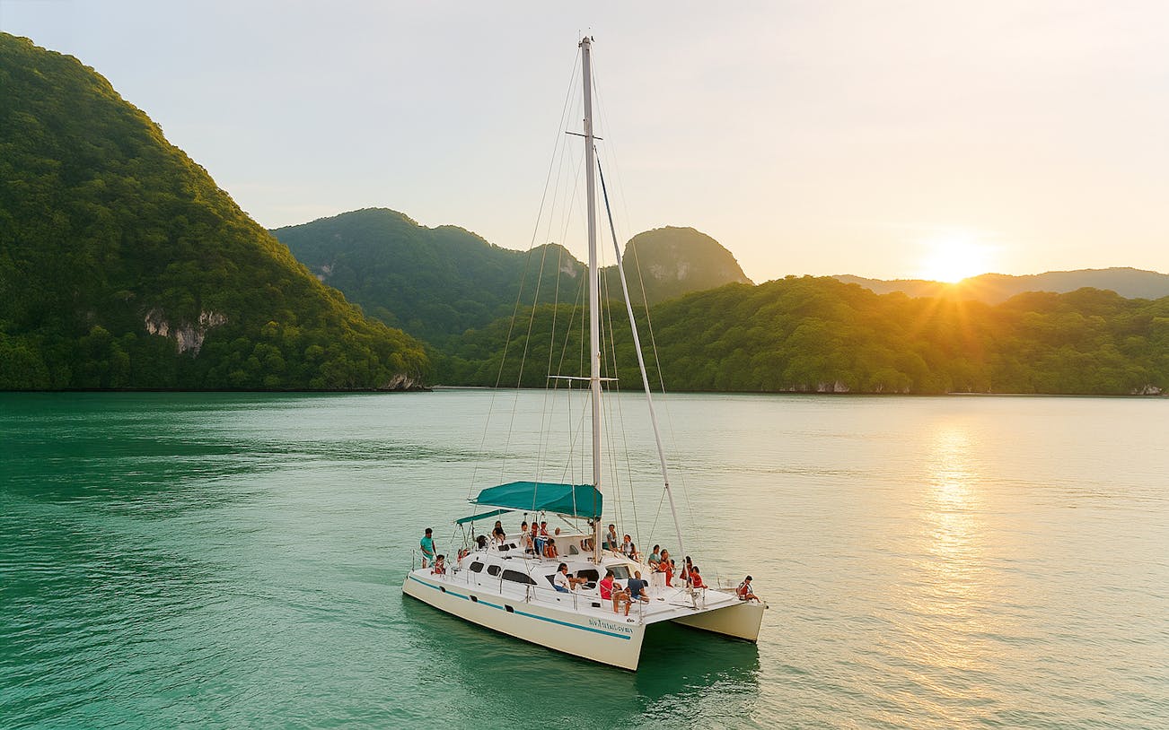 Langkawi Sunset Dinner Cruise with guests enjoying a meal on a yacht against a vibrant sunset.