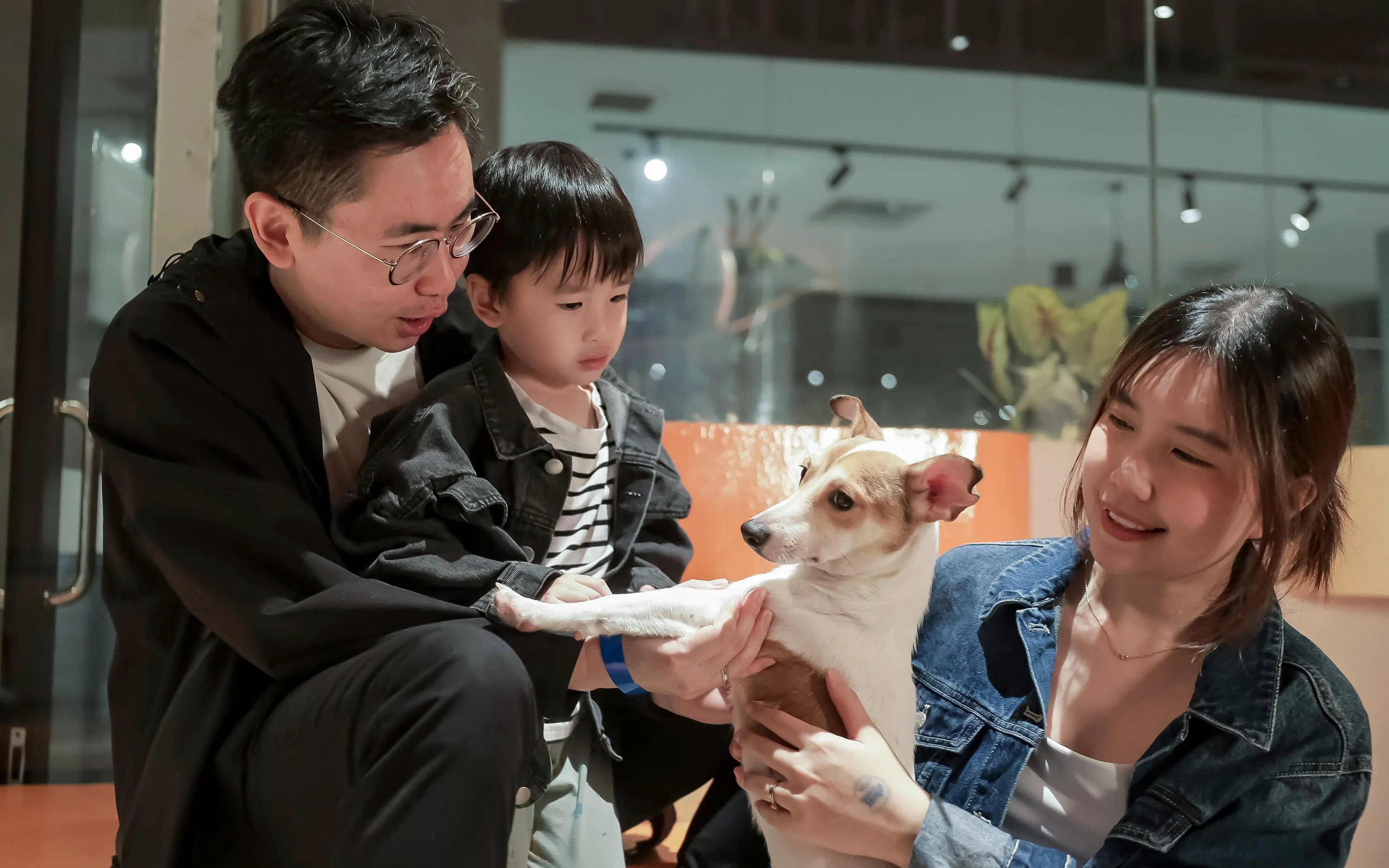 Family interacting with a dog at Just Pets Megastore.