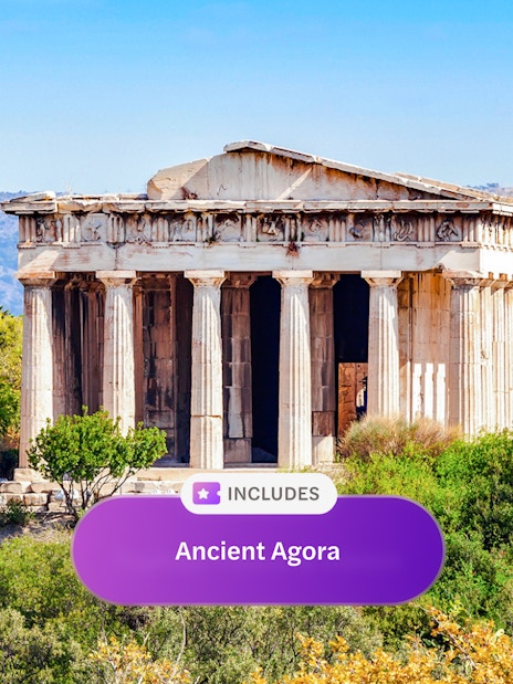 Temple of Hephaestus surrounded by greenery in Ancient Agora, Athens.