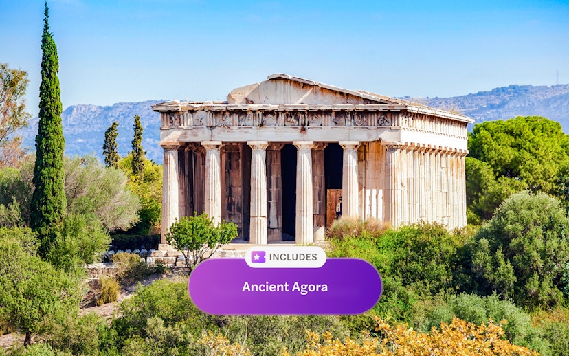 Temple of Hephaestus surrounded by greenery in Ancient Agora, Athens.