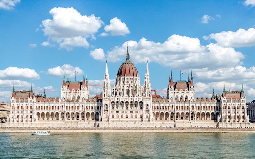 Hungarian Parliament building along the Danube River in Budapest.