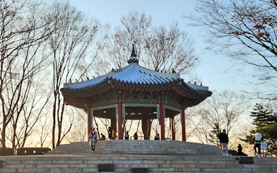 Namsan Palgakjeong pavilion surrounded by bare trees at sunset in Seoul, South Korea.
