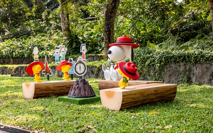 Snoopy and Beagle Scouts display at Singapore Zoo with forest backdrop.