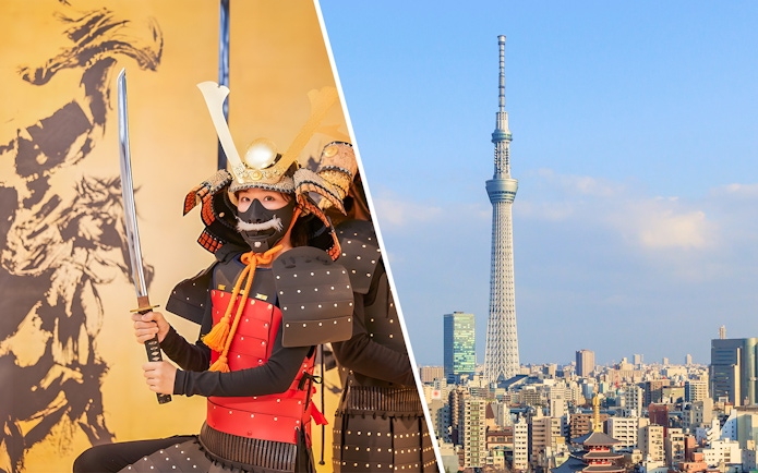 Samurai in armor at Samurai Ninja Museum and Tokyo Skytree in the skyline.