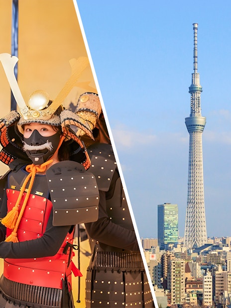 Samurai in armor at Samurai Ninja Museum and Tokyo Skytree in the skyline.