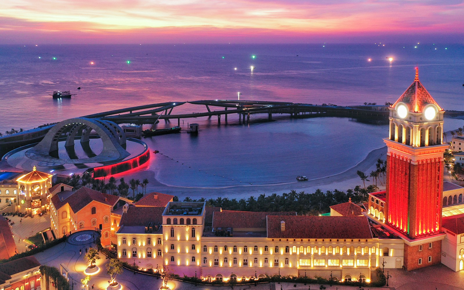 Sunset view of An Thoi Town with the world's longest seacrossing cable car system to Hon Thom Island.