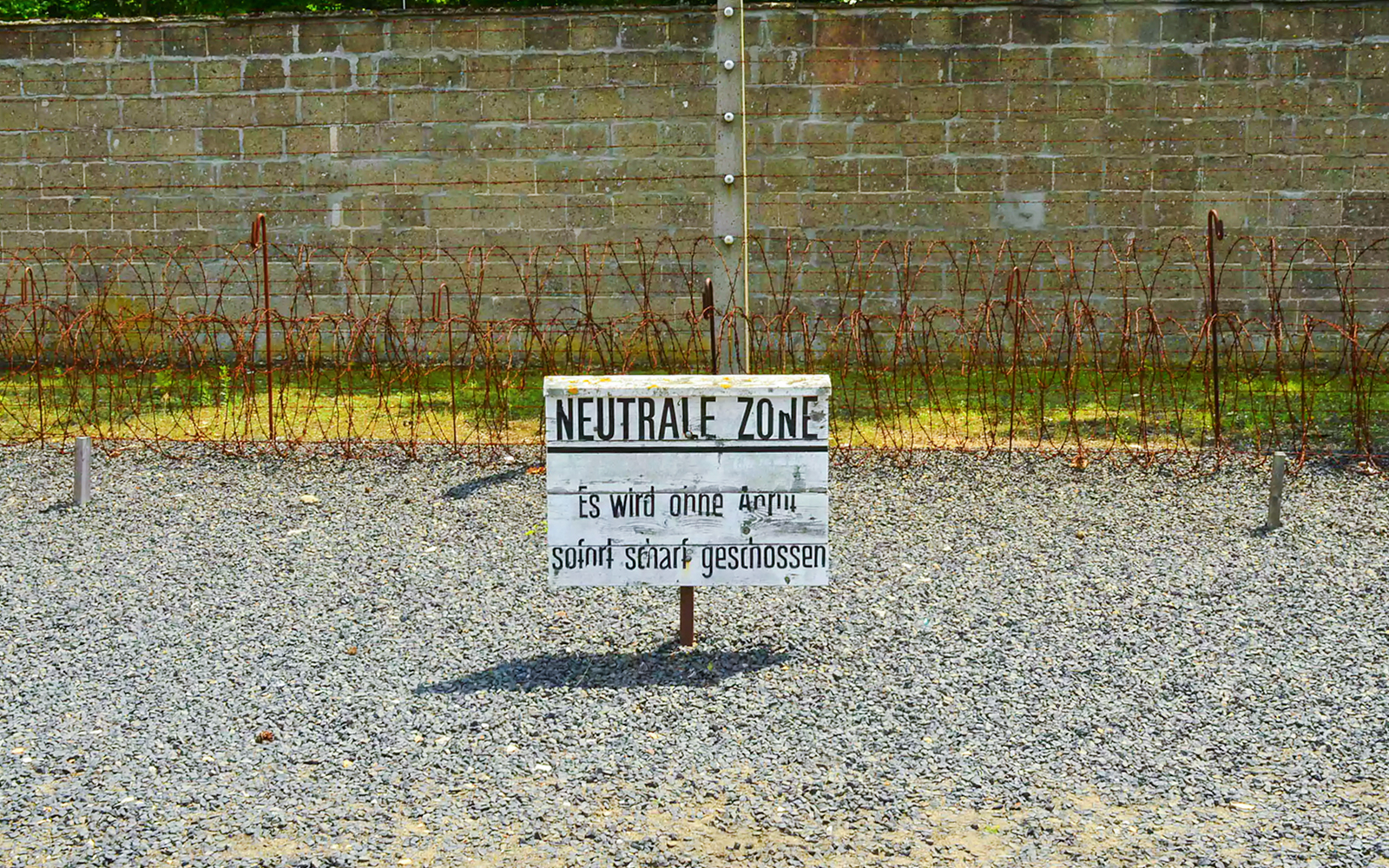 Sign reading 'Neutral Zone' at Sachsenhausen Concentration Camp Memorial, Germany.