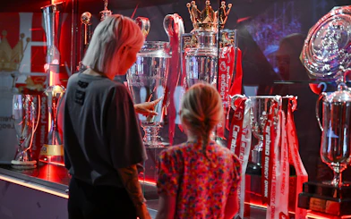Trophies on display at Liverpool FC Stadium's Anfield trophy cabinet.