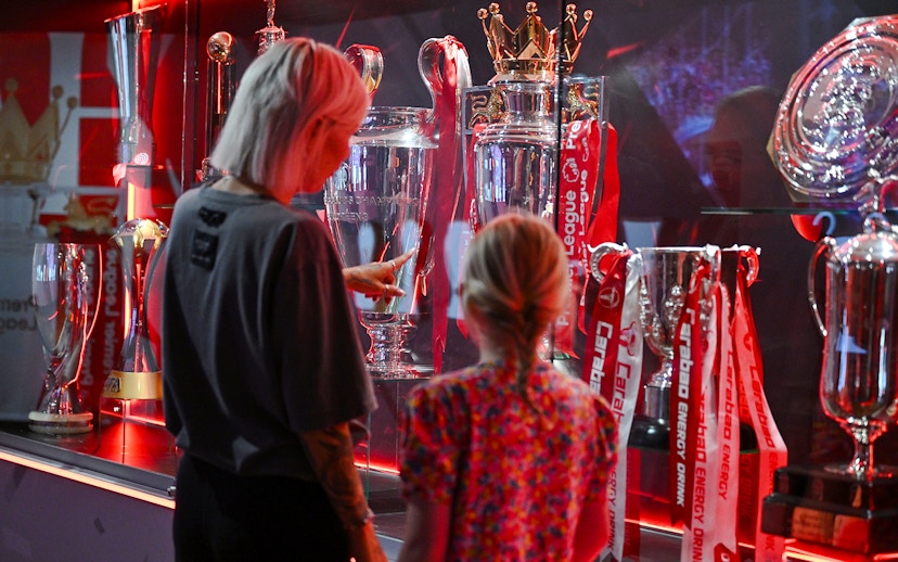 Trophies on display at Liverpool FC Stadium's Anfield trophy cabinet.