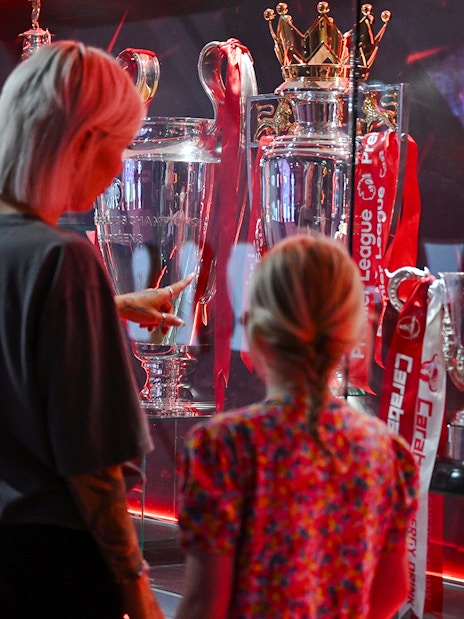 Trophies on display at Liverpool FC Stadium's Anfield trophy cabinet.