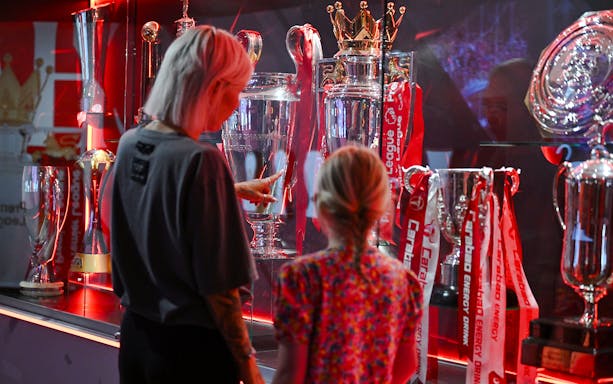 Trophies on display at Liverpool FC Stadium's Anfield trophy cabinet.