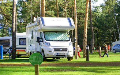 Campervan parked in a forested area at Tropical Islands Resort.