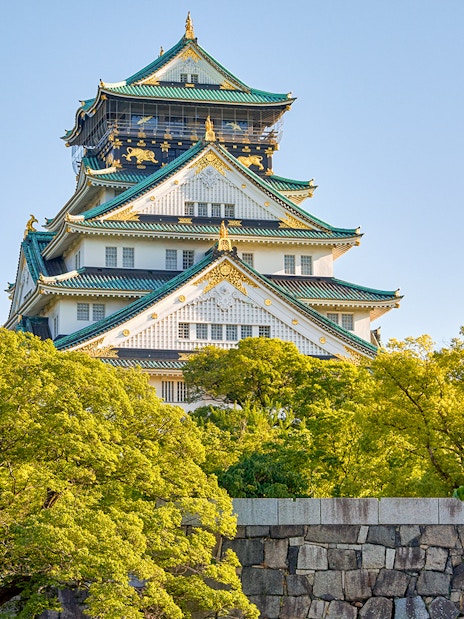 Osaka Castle exterior with lush green trees and blue sky.