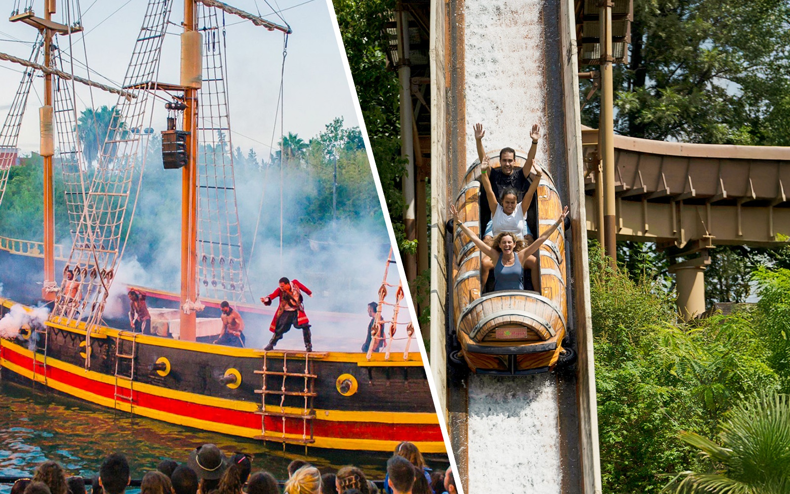 Pirate ship show and log flume ride at Isla Mágica theme park.