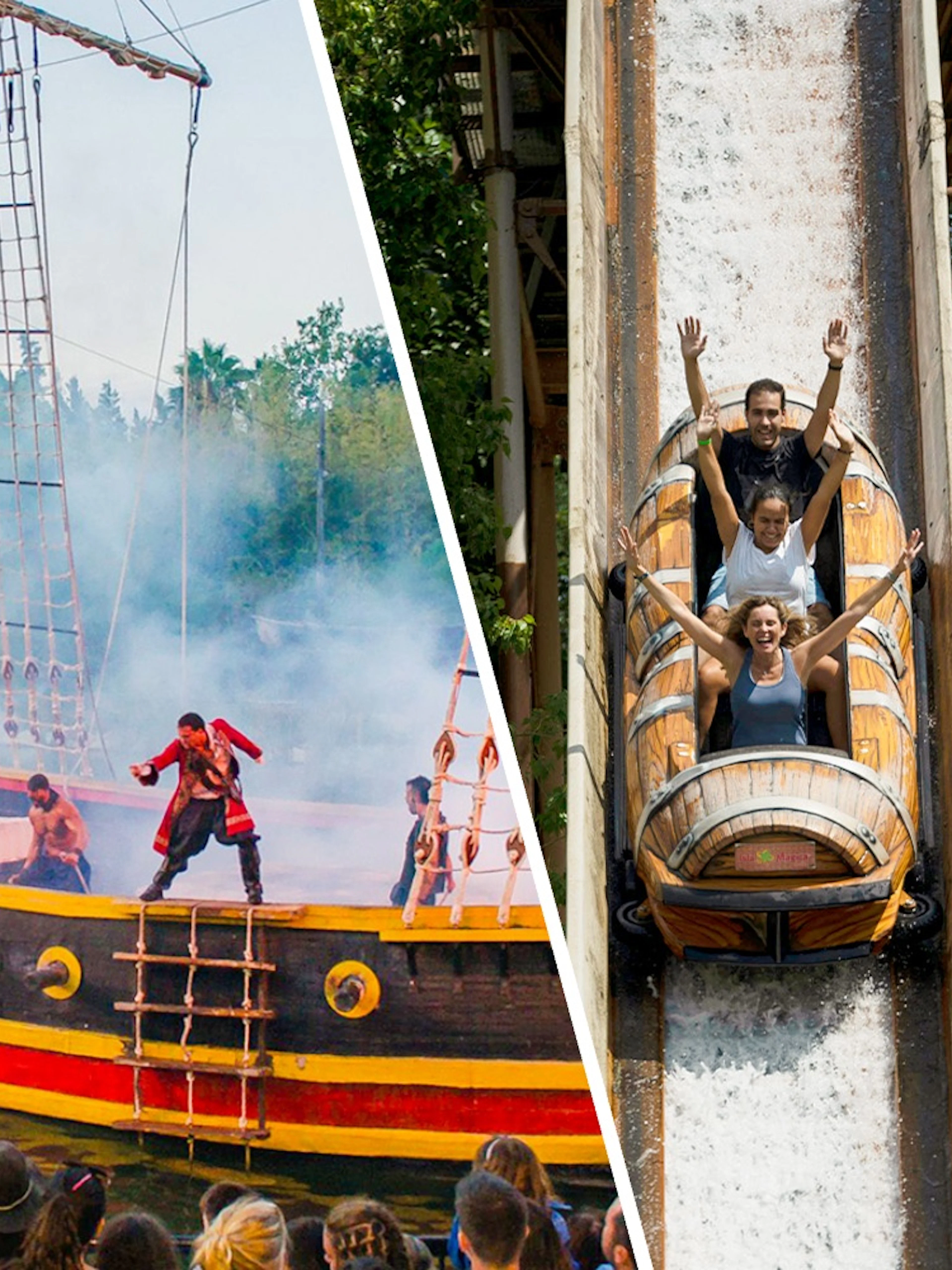 Pirate ship show and log flume ride at Isla Mágica theme park.