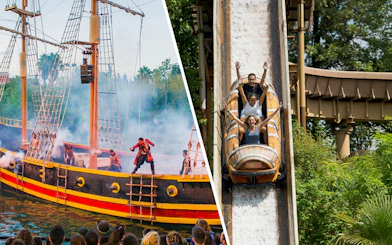 Pirate ship show and log flume ride at Isla Mágica theme park.