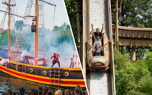 Pirate ship show and log flume ride at Isla Mágica theme park.