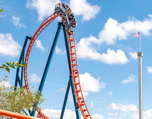 Ice Breaker roller coaster at SeaWorld Orlando with riders on a steep drop.