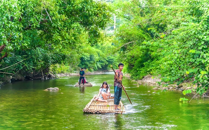 Bamboo rafting on a lush green river surrounded by dense foliage.