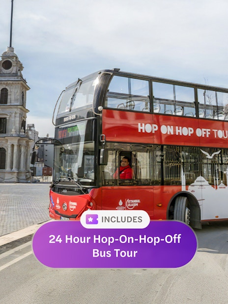 Hop-on hop-off bus near Istanbul clock tower.
