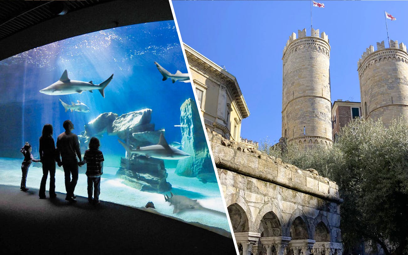 Family viewing sharks at Genoa Aquarium; Columbus' House with medieval towers in Genoa.