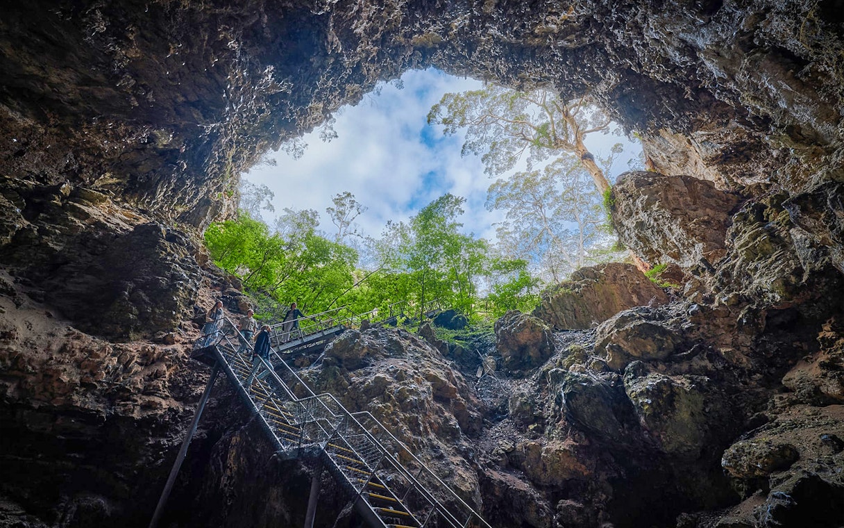 Stairs leading up from Lake Cave sinkhole entrance, Margaret River, with trees and sky above.