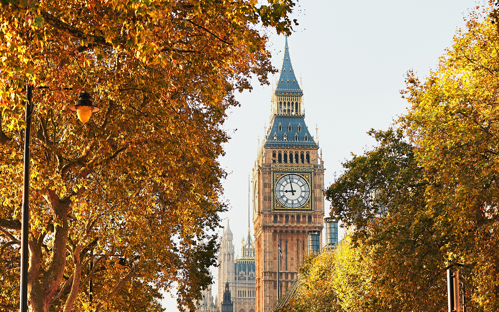 Big Ben and Houses of Parliament with autumn trees in London.