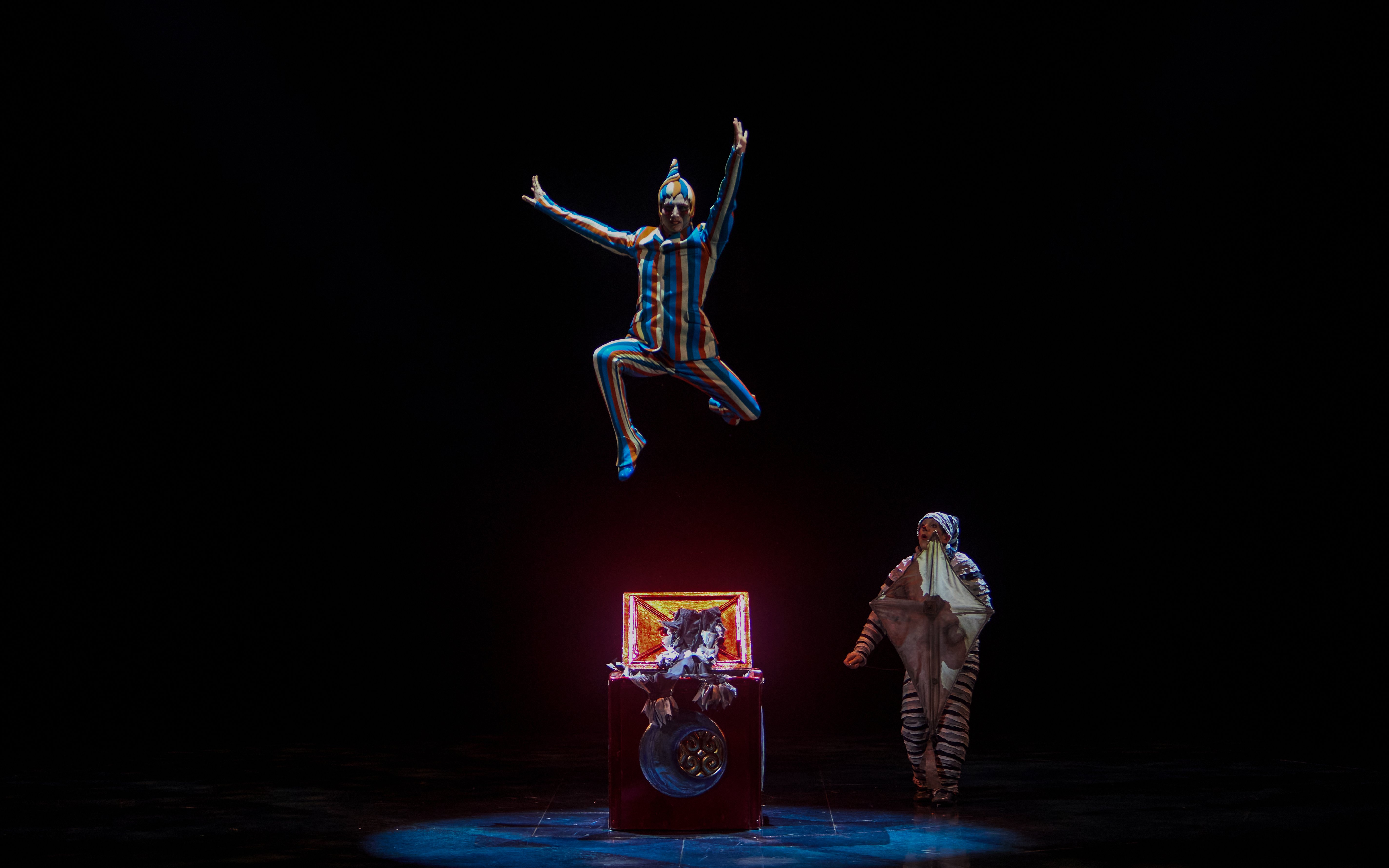 Performer leaping on stage during Kooza show in Brisbane.