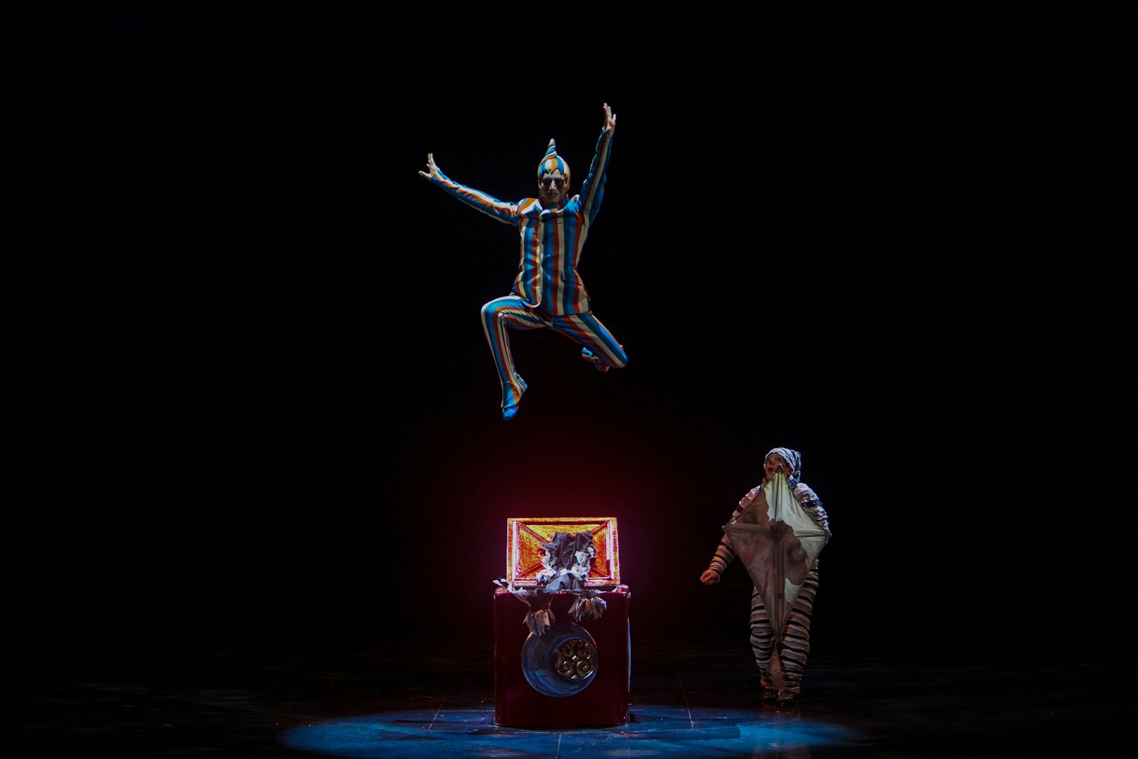 Performer leaping on stage during Kooza show in Brisbane.