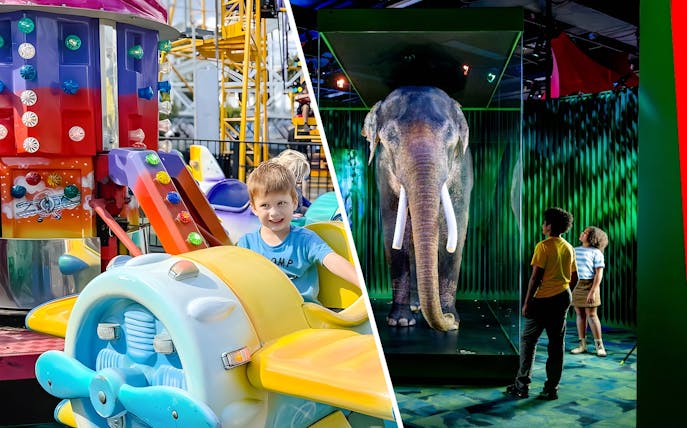Child enjoying a colorful airplane ride at Luna Park.
