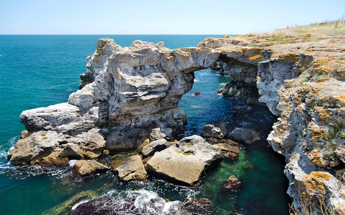 Rocky arch formation over the Black Sea in Tyulenovo, Bulgaria.