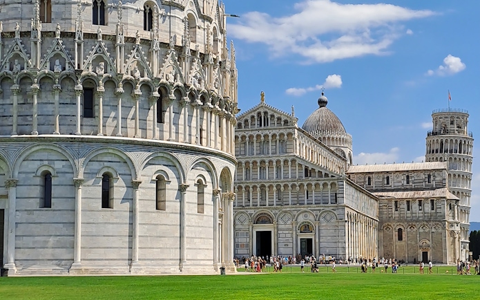 Pisa Cathedral and Leaning Tower on a guided walking tour in Pisa, Italy.