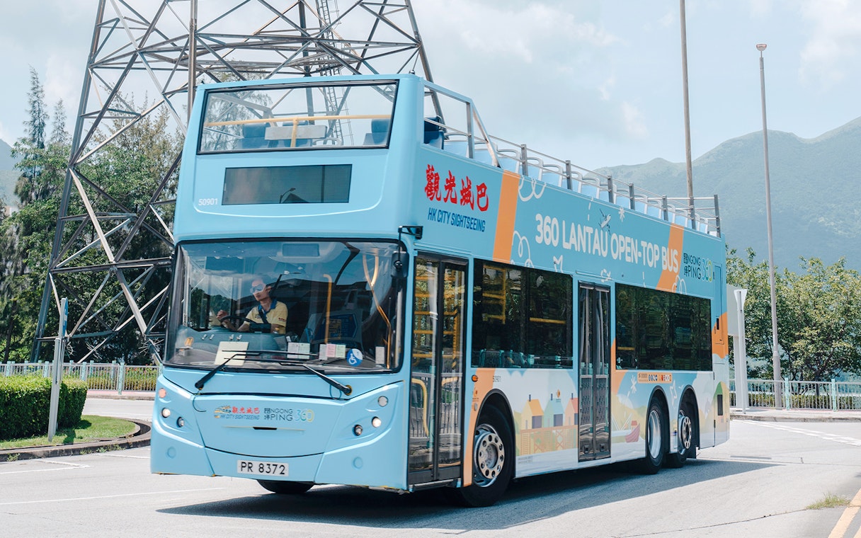 Open-top bus on Lantau Island tour route, Hong Kong.