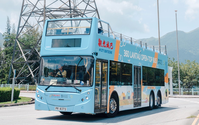 Open-top bus on Lantau Island tour route, Hong Kong.