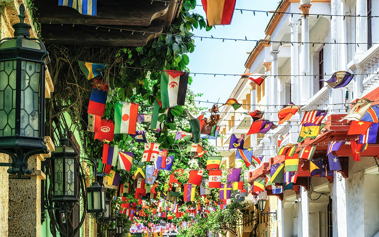 Colombia, Scenic colorful streets of Cartagena in historic Getsemani district