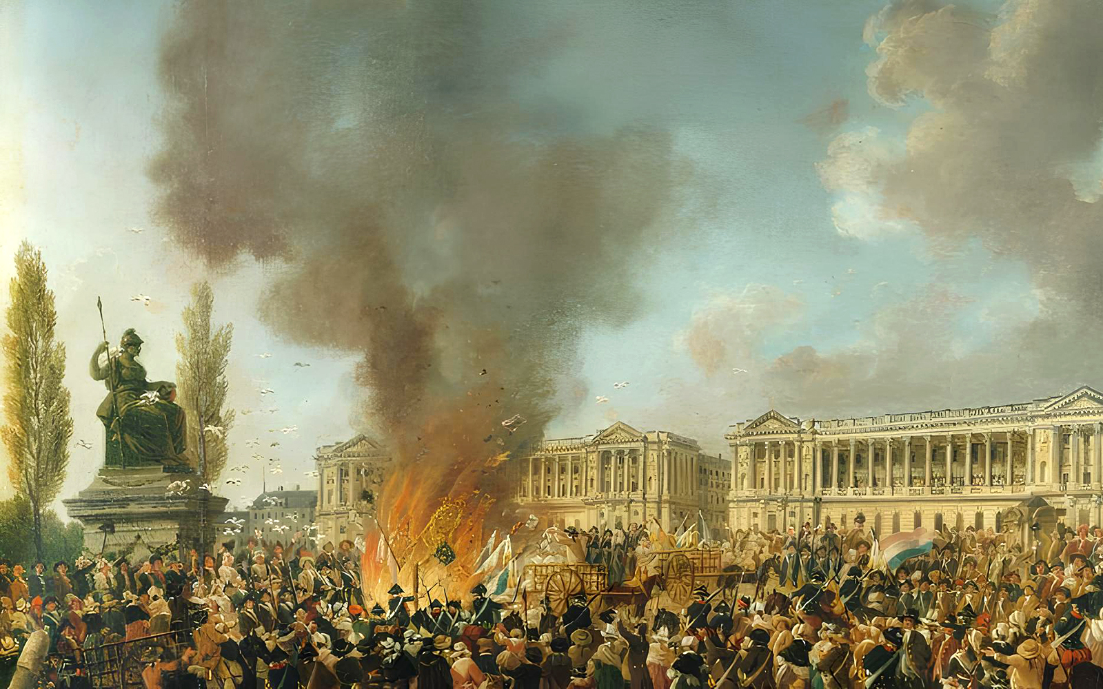 Crowd gathered at a historical event with a statue and large building in the background, Carnavalet Museum exhibition.