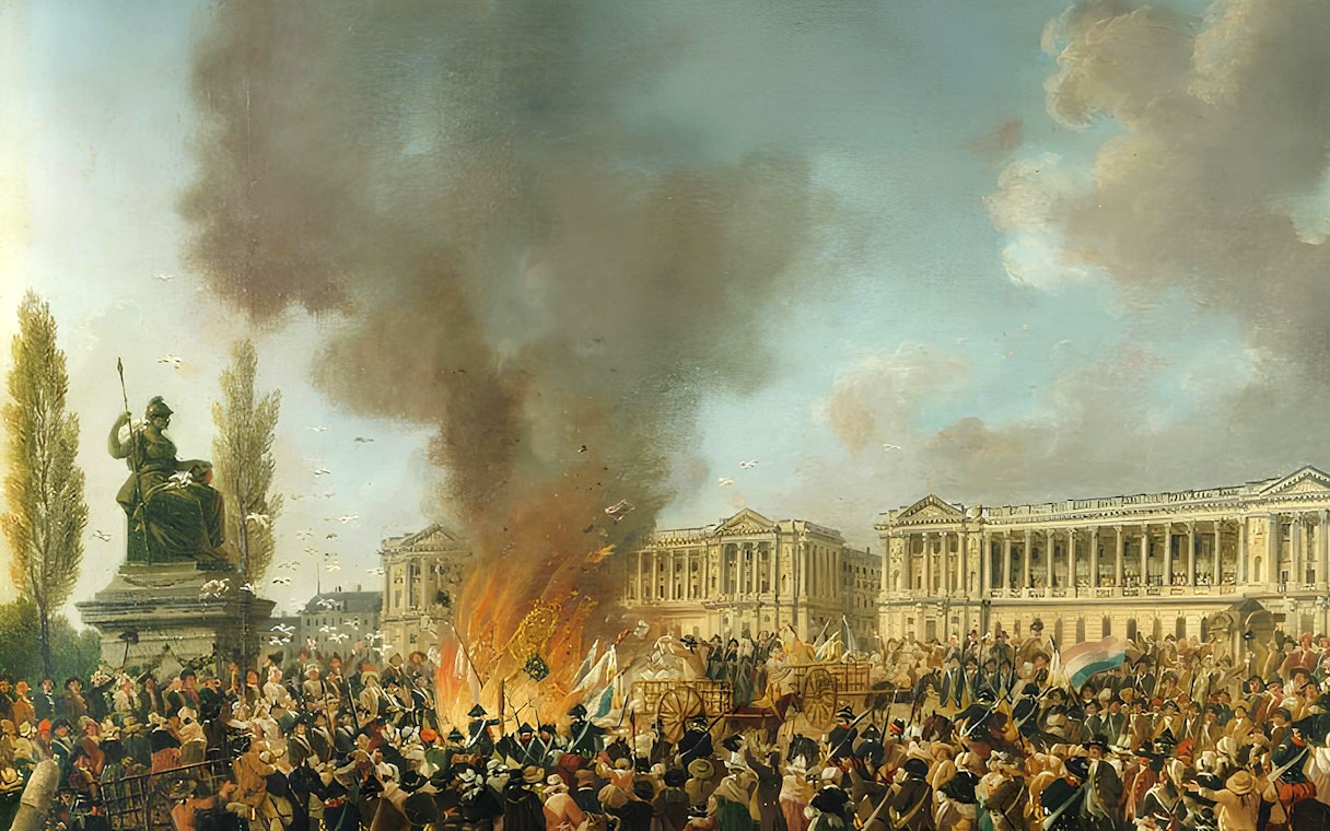 Crowd gathered at a historical event with a statue and large building in the background, Carnavalet Museum exhibition.