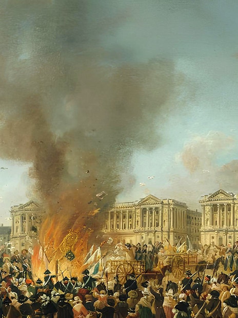 Crowd gathered at a historical event with a statue and large building in the background, Carnavalet Museum exhibition.