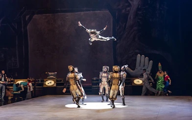 Performers in mid-air acrobatics during the "Drawn to Life" show.