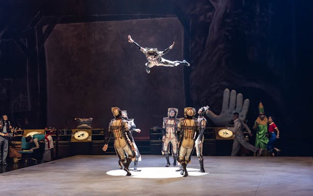 Performers in mid-air acrobatics during the "Drawn to Life" show.